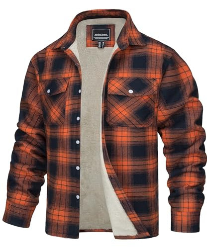 TACVASEN Flannel Shirt for Men Fleece Lined Coat Outdoor Sherpa Jacket Men Button Winter Coat Cotton Jacket for Men Casual Orange, XL
