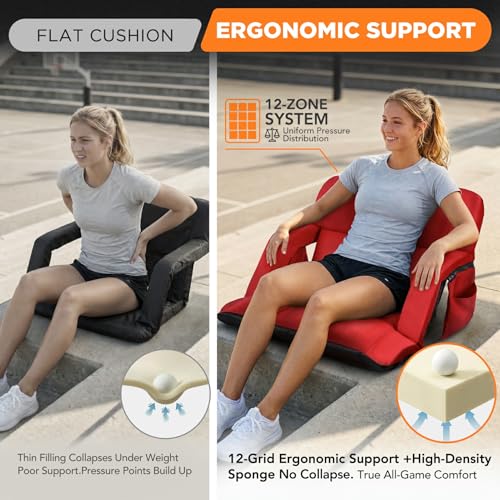 Stadium Seats with Backs 2 Pack, 12-Grid Ergonomic 4.7" Thick Bleacher Chairs for All-Day Comfort, 6 Reclining Positions, Portable Extra Wide Adjustable Stadium Chair for Football & Baseball