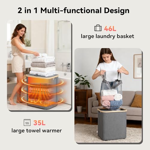 2-in-1 35L Towel Warmer & 46L Laundry Basket, Extra Large Towel Warmer for Bathroom, Foldable Towel Warmers, Heated Blankets Warmers, Auto Shut Off, Fits 3 Oversized 40"X70" Towels, Ideal Gift - Grey