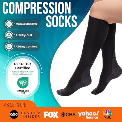 PhysFlex Compression Socks for Women and Men - Best Support for Running, Flying, Pregnancy - Knee High Graduated Compression Stockings (Black/Dark Grey, S/M)