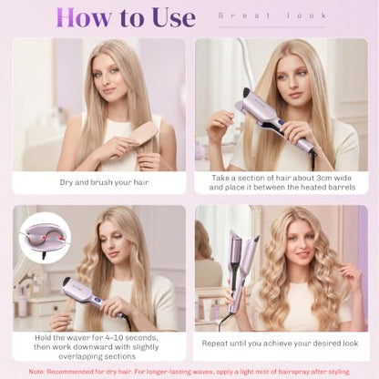 MESCOMB Hair Crimper - 1.25 Inch Hair Waver for Silky S Wave, Lavender Mist | S-Barrel Ionic Hair Curler, 9 Heat Settings, Anti-Scald, Dual Voltage for Travel, Fast Heating, Easy to Use