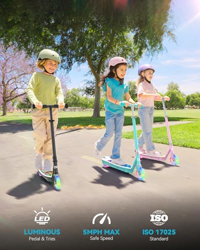 Gyroor KS2 Kids Electric Scooter 5 MPH LED Light Up Wheels Pink | 5 MPH safe speed, LED light-up wheels, Pink finish, Adjustable height design, Easy kick-start motor
