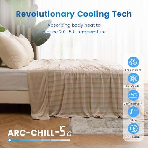 Syalife Cooling Blanket King Size for Hot Sleepers and Flashes, Ultra Thin Lightweight Summer Blankets with Q-Max 0.5 Arc-Chill Fiber, Double Sided (Striped Beige, 108"x 90")