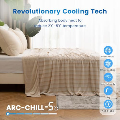Syalife Cooling Blanket King Size for Hot Sleepers and Flashes, Ultra Thin Lightweight Summer Blankets with Q-Max 0.5 Arc-Chill Fiber, Double Sided (Striped Beige, 108"x 90")