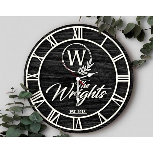 Personalized Vintage Wooden Texture Wall Clock- Custom Name Letter Round Clock, Customized Family Clock for Kitchen Living Room Bathroom Christmas Housewarming Gifts (Custom text clock) (Wall Clock A)