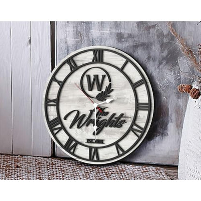 Personalized Vintage Wooden Texture Wall Clock- Custom Name Letter Round Clock, Customized Family Clock for Kitchen Living Room Bathroom Christmas Housewarming Gifts (Custom text clock) (Wall Clock A)