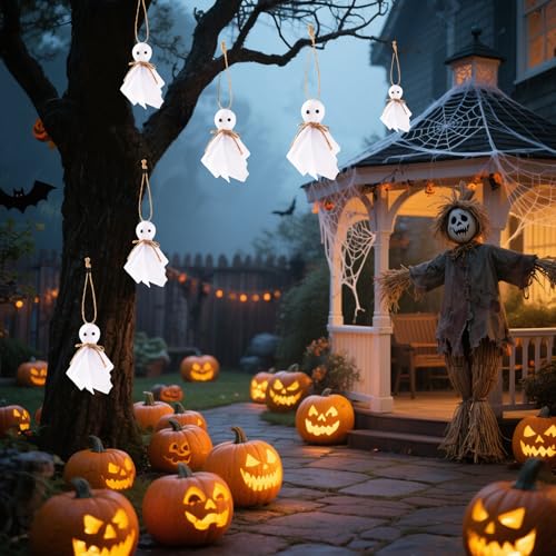 8 Pcs Halloween Ghost Hanging Ornaments- 4 Inch Hanging Ghosts Rustic Farmhouse White Cloth Ghosts Hanging Decoration for Haunted House Party Yard Tree Decor