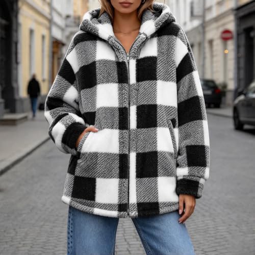 Women's Flannel Plaid Shacket Plus Size Full Zip Up Hooded Sherpa Jacket | Comfy Cozy Long Sleeve Coat, Fall Winter Warm Coats, Oversized Soft Fuzzy Hoodie, Cold Weather Outerwear with Pockets, Trendy