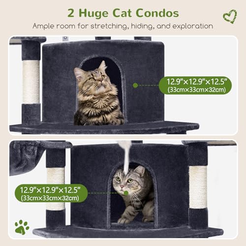 Globlazer Corner Stable Cat Tree Tower for Indoor Large Cats, Dark Grey | 66in Tall Curved Series Large Cat Condo with 6 Sisal Scratching Posts, 2 Spacious Caves, Large Hammock, Hanging Basket, C66