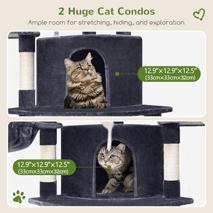 Globlazer Corner Stable Cat Tree Tower for Indoor Large Cats, Dark Grey | 66in Tall Curved Series Large Cat Condo with 6 Sisal Scratching Posts, 2 Spacious Caves, Large Hammock, Hanging Basket, C66