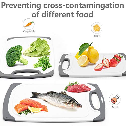 Cutting Boards for Kitchen, Plastic Chopping Board Set of 4 with Non-Slip Feet and Deep Drip Juice Groove, Easy Grip Handle