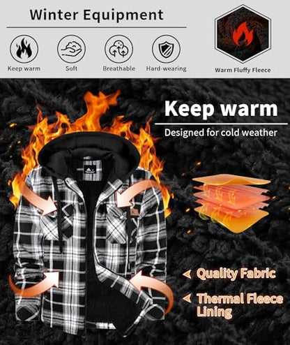 ZITY Men's Fleece Flannel Jacket Full Zip Plaid Winter Warm Lined Jacket Coat Hoodies with Pockets