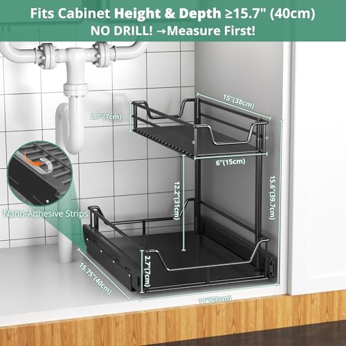 2-Pack Under Sink Organizer Value Set, 54kg Total Load - Easy-Glide Steel Pull-Out Drawers & Slide-Out Storage for Kitchen & Bathroom Cabinets, Fits Height≥48cm & Depth≥46cm 2X Storage Solution Black