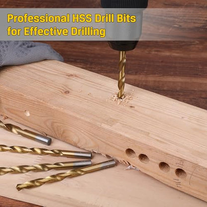 Hurricane 99 Pieces Titanium Twist Drill Bit Set, 135 Deg Tip High Speed Steel, Size from 1/16 Inch up to 3/8 Inch, Ideal Drilling in Wood/Cast Iron/Aluminum Alloy/Plastic/Fiberglass, with Hard Storage