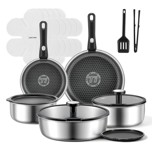 JEETEE Hybrid Stainless Steel Titanium Cookware Set with Detachable Handles | 18 Pcs Pots and Pan Set with Removable Handle, Induction Kitchen Cookware Set for RV Camping, Oven & Dishwasher Safe
