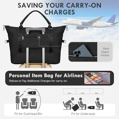 WOOMADA Weekender Overnight Bag for Women, Shoulder Travel Duffel with Shoes Compartment,Gym Bag with Toiletry Bag(Black)