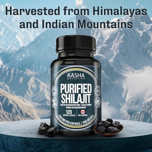 Kasha Purified Shilajit Capsules - 500mg/Serving - 50% Fulvic Acid - 120 Ct | Provide Antioxidants & Alleviate Painful Urination - Pure Himalayan, Made in Canada
