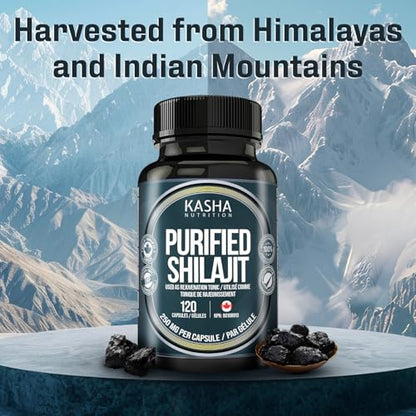 Kasha Purified Shilajit Capsules - 500mg/Serving - 50% Fulvic Acid - 120 Ct | Provide Antioxidants & Alleviate Painful Urination - Pure Himalayan, Made in Canada