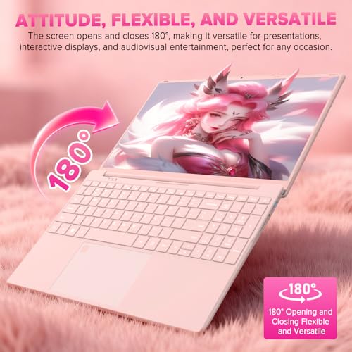 Auusda Lightweight Portable Pink Laptop, Win 11 Pro, 4-Core Processor