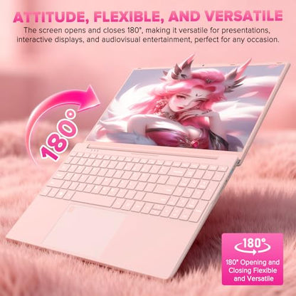 Auusda Lightweight Portable Pink Laptop, Win 11 Pro, 4-Core Processor
