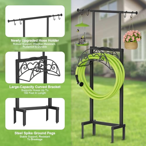 NEYCIL Garden Hose Holder with Telescopic Pole, Freestanding Garden Hose Stand Stake with 4 Spikes, Heavy Duty Sturdy Metal Hose Storage Rack and Hanger for Outside Yard Lawn Farm, Black
