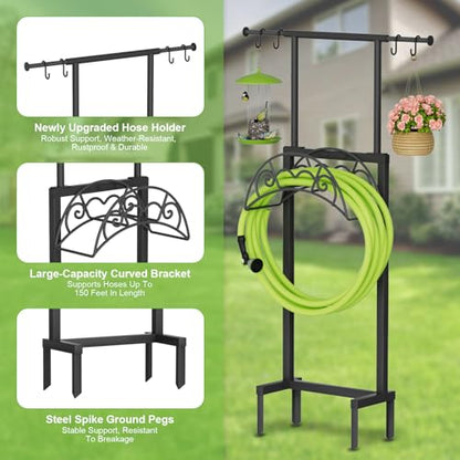 NEYCIL Garden Hose Holder with Telescopic Pole, Freestanding Garden Hose Stand Stake with 4 Spikes, Heavy Duty Sturdy Metal Hose Storage Rack and Hanger for Outside Yard Lawn Farm, Black