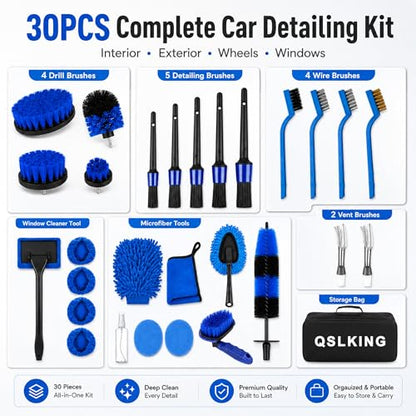 QSLKING 30PCS Car Detailing Brush Set, Car Cleaning Wash Brushes Kit Tool