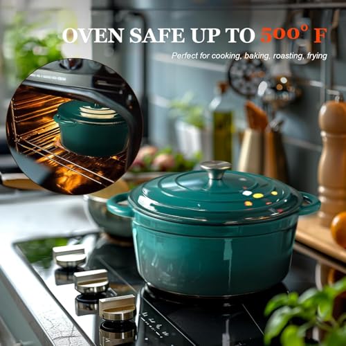 Overmont Enameled Cast Iron Dutch Oven - Lid Cookbook 5.5QT Darkcyan