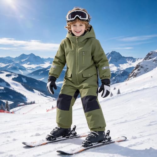 Kids Snow Pants Boys One Piece Ski Suit Waterproof Windproof Padded Snow Suits Kid Girls Winter Outdoor Warm Hooded Snowboard Jumpsuit Army Green 14-15 years