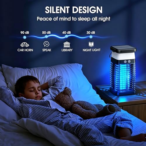 Solar LED Bug Zapper Lamp USB Rechargeable Indoor & Outdoor Use with LED Light, Portable IP66 Waterproof Electric Lamp with Hook for Patio Garden Backyard Home