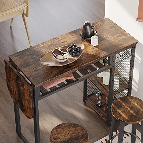 Bestier Bar Table and Chair Set, Industrial Expandable Dining Table with 2 Bar Stools, Kitchen Counter with Wine Rack & 3 Tier Adjustable Storage Shelves Rustic Brown