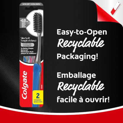 Colgate Slim Soft Charcoal Toothbrush, Ultra Soft, 2 Pack
