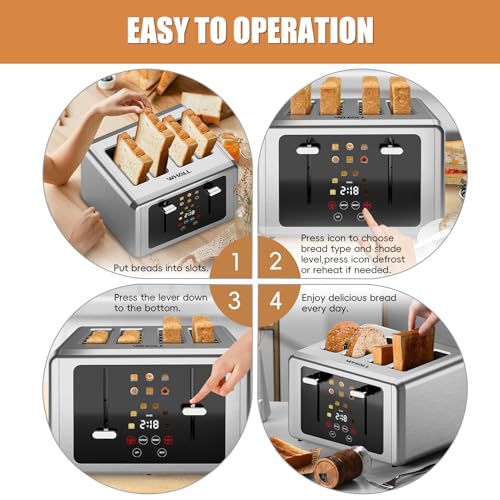 WHALL Smart Touch Screen Toaster 4 Slice with Wide Slots,6 Browning