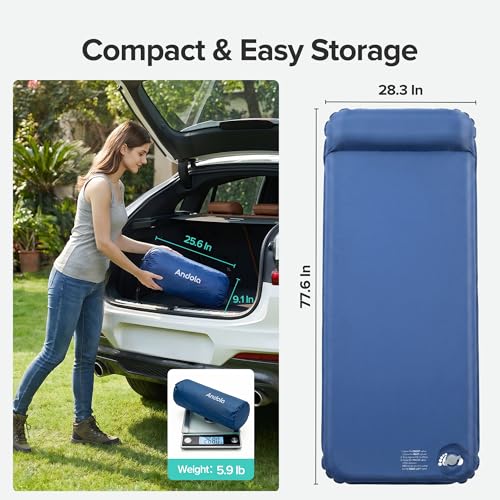 Andola Self Inflating Sleeping Pad, 3" Thick Foam Camping Mat with Built-in Pillow, Insulated Sleeping Pad for All-Season, Foldable Sleeping Mat for Camping, Tent, Car, Outdoor Use, Blue