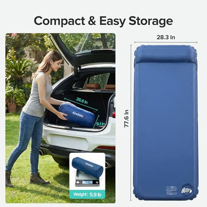 Andola Self Inflating Sleeping Pad, 3" Thick Foam Camping Mat with Built-in Pillow, Insulated Sleeping Pad for All-Season, Foldable Sleeping Mat for Camping, Tent, Car, Outdoor Use, Blue