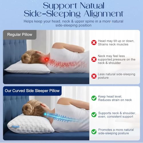 Side Sleeper Pillows for Neck & Shoulder Comfort - Curved Crescent Design, Adjustable Shredded Memory Foam, Cooling & Soft Cover, Extra Fill Included, Queen Size Set of 2