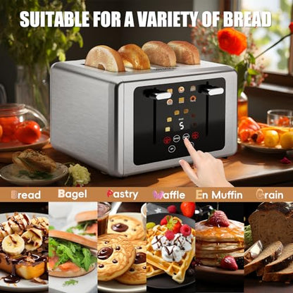 WHALL Smart Touch Screen Toaster 4 Slice with Wide Slots,6 Browning