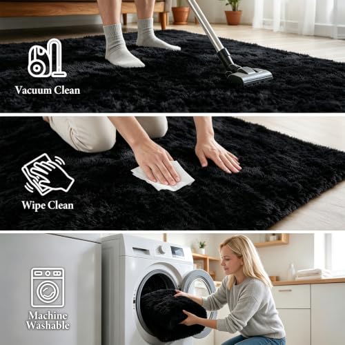 Huiuhjirug 4x6 Area Rug, Fluffy Shag Carpet for Living Room Black