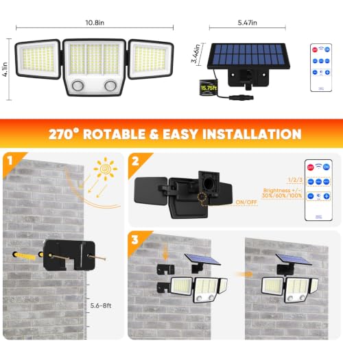 Solar Motion Sensor Light Outdoor IP65 Waterproof with 15.75FT Cable 2Pack
