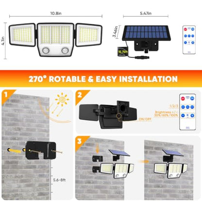 Solar Motion Sensor Light Outdoor IP65 Waterproof with 15.75FT Cable 2Pack