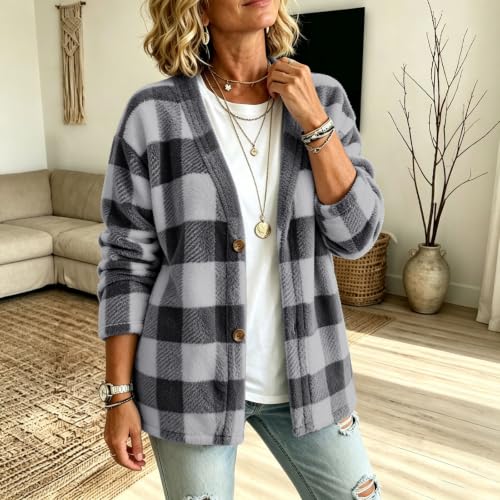 Womens Plaid Fleece Sweater Cardigan Open Front Fuzzy Sweaters Gray