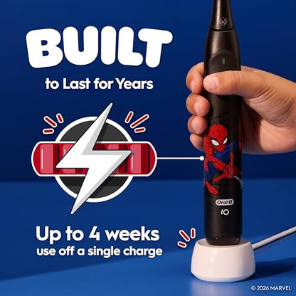 Oral-B iO Kids Rechargeable Electric Powered Toothbrush, Spiderman with 1 Gentle Care Brush Head - Automatic Pressure Sensor to Protect Gums - 3 Cleaning Settings - 2 Min Music Timer - 28 Day Battery Life