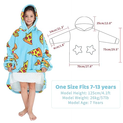 Oversized Hoodie Blanket, Printed Wearable Blanket Sweatshirt Sherpa TV Blanket (Blue Pizza-Child)