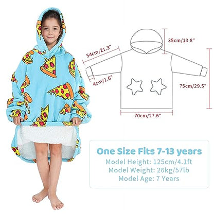 Oversized Hoodie Blanket, Printed Wearable Blanket Sweatshirt Sherpa TV Blanket (Blue Pizza-Child)