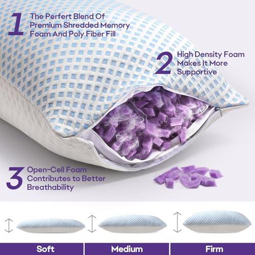 Cooling Memory Foam Pillows Queen Size 2 Pack, Adjustable Shredded Foams, Soft Firm Bed Pillow for Sleeping with Hypoallergenic Zipper Pillow Cover for Side, Back Sleepers, 20x30In