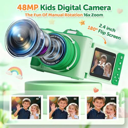 Kids Camera for Big Boys and Girls Flip Screen2.4+Telescopic Zoom 1080P Selfie Photo+Video Digital Camera for Age 5-12 with Cartoon Cover & SD Card Gift Best Chritmas Birthday Festival Gift(Green)