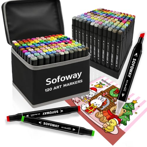 120 Colors Alcohol Markers, Sofoway Dual Tip Art Markers with Fine Bullet & Chisel Tips, Carrying Case and Pen Holder for Coloring, Sketching and Illustration