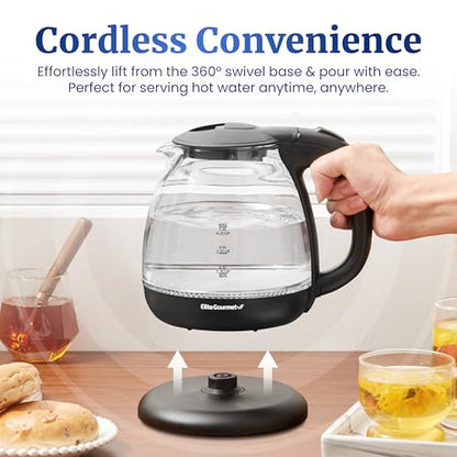 Elite Gourmet EKT1001 Electric BPA-Free Glass Kettle, Cordless 360° Base, Stylish Blue LED Interior, Handy Auto Shut-Off Function – Quickly Boil Water For Tea & More, Black, 1L
