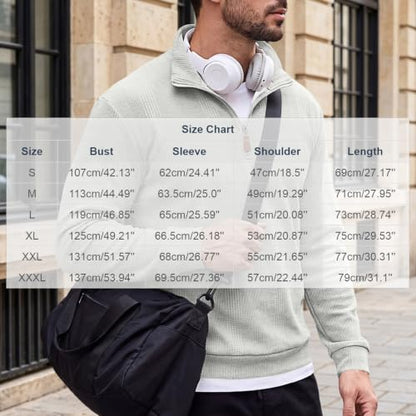 Mens Long Sleeve Shirts Warm Quarter Zip Pullover Waffle Knit Tees Gray