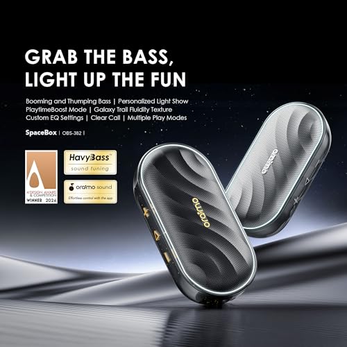 Oraimo SpaceBox Portable Bluetooth Speaker, Speaker Bluetooth Wireless with Light Effects, Heavy Bass, App Control, Built-in Mic, TF Card Support, FM Radio, Bluetooth Speaker for Home, Party, Black